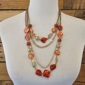 Multi-Layered Orange and Gold Bead/Shell Necklace